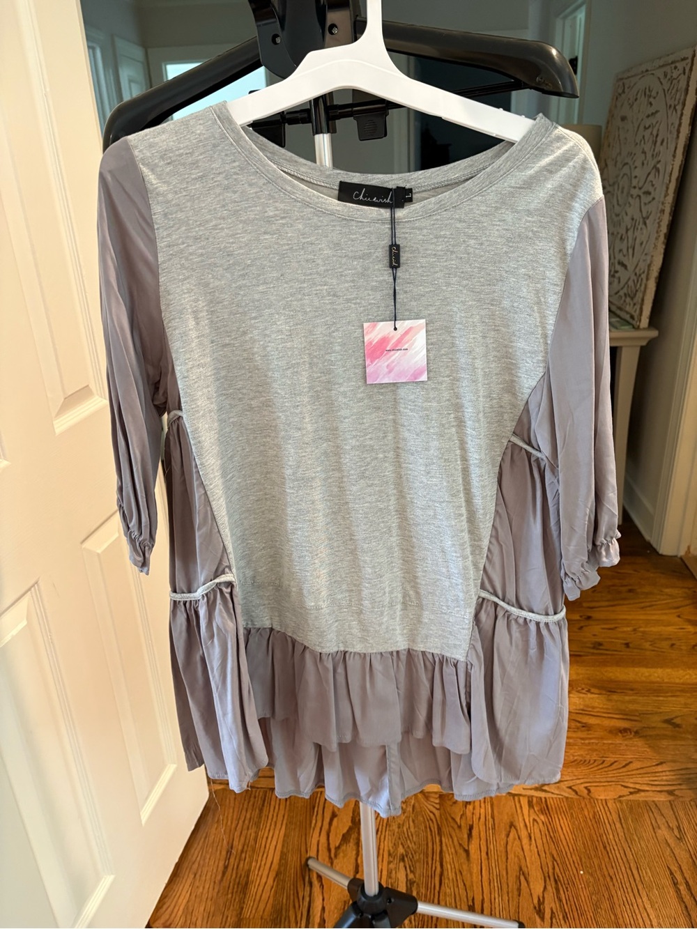 Chicwish Gray Mixed-Media Ruffle Tunic